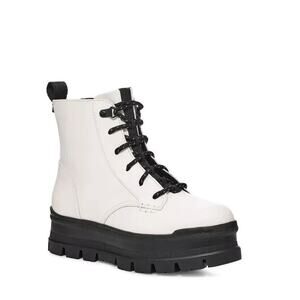 UGG White Leather Platform Lace-Up Ankle Boots with Black Sole